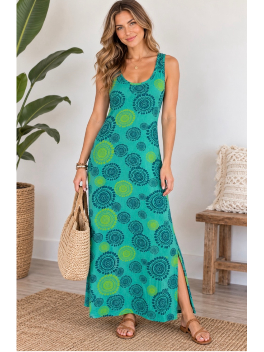 Hatley Green Medallion Print Sleeveless Maxi Dress Size Small Boho